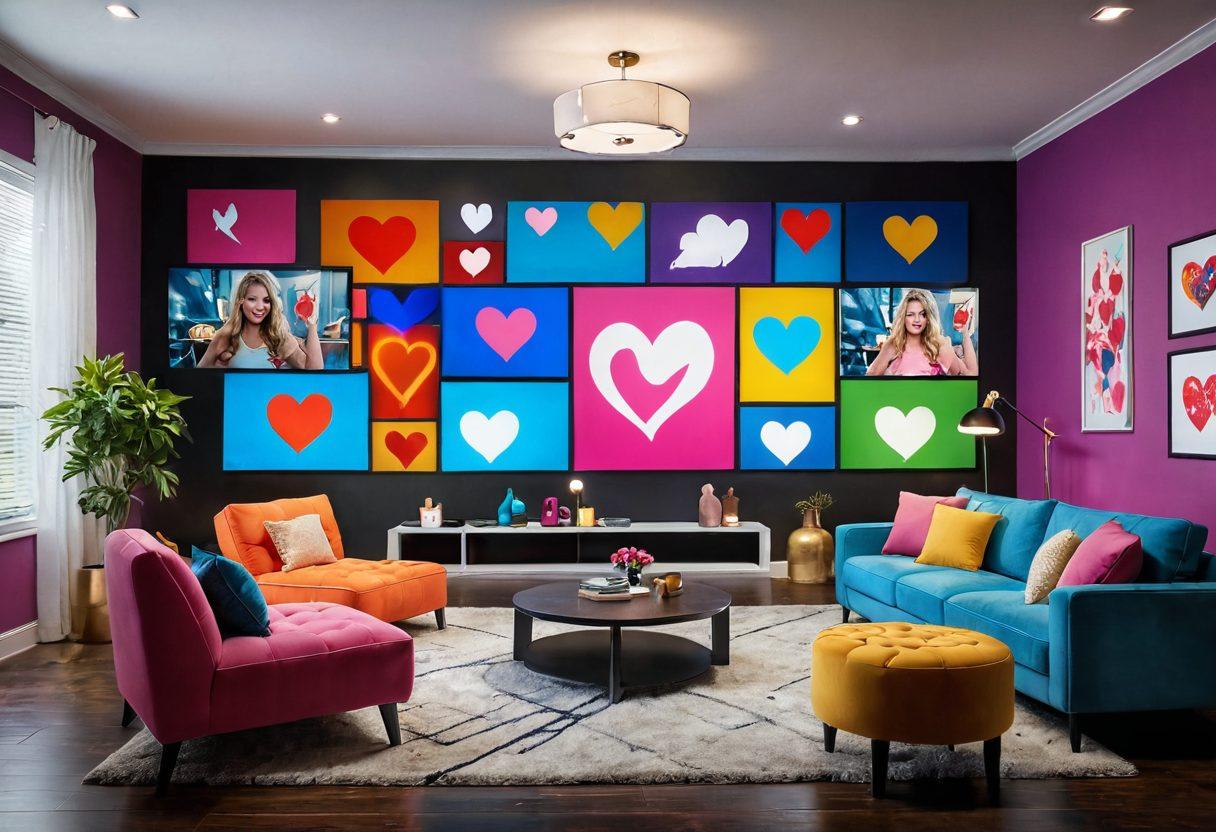 A vibrant and dynamic scene capturing a live adult cam setup, featuring a charismatic host in a colorful, stylish room with soft lighting. Include an audience of engaged viewers in various poses, immersed in their screens, with a captivating chat interface overlay. Emphasize energy and excitement through facial expressions and body language, with an artistic touch to the surrounding decor. Add playful elements like hearts and thumbs up icons floating around. super-realistic. vibrant colors. 3D.