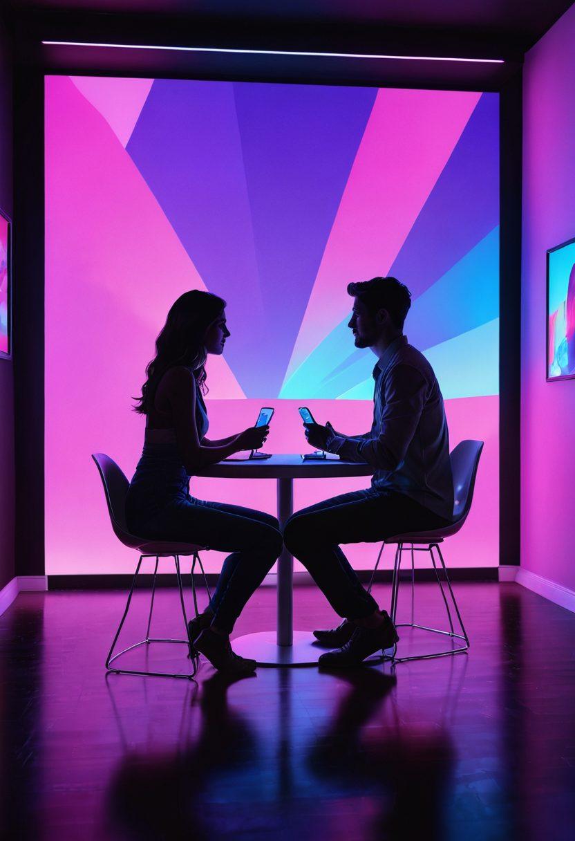 A modern, vibrant room with two distinct camera setups capturing a couple engaged in a passionate moment, surrounded by digital screens displaying live chat interactions. Soft neon lighting creates an alluring atmosphere, with hints of spontaneity in their expressions. The backdrop features abstract art symbolizing connection and desire. super-realistic. vibrant colors. 3D.