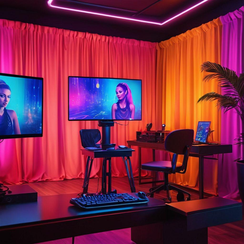 A visually captivating scene depicting a modern, enticing webcam studio space filled with softly glowing lights and colorful backdrop curtains. Showcase a confident performer in elegant attire engaging directly with a vibrant digital audience through an immersive holographic interface. Include subtle elements of adult themes like playful accessories and engaging facial expressions, all while maintaining a classy aesthetic. cyberpunk, vibrant colors, super-realistic.